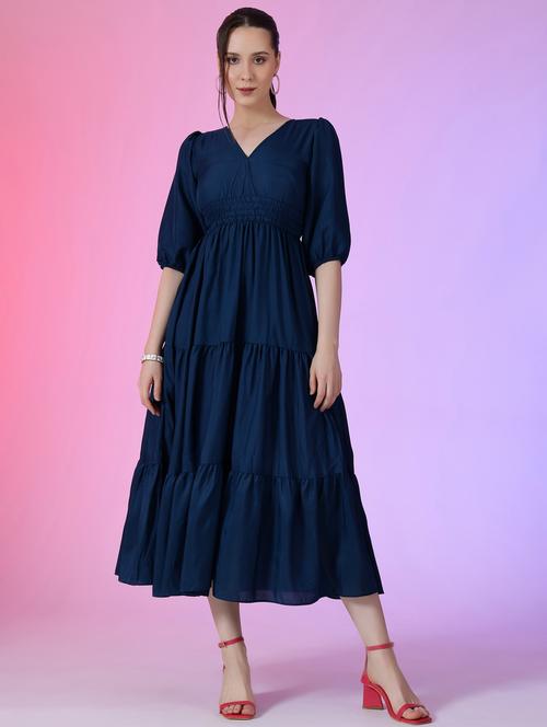 women solid puff sleeve tiered midi dress - 21972896 - Very Small Image - 1