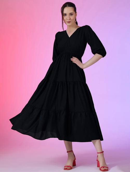 women solid puff sleeve tiered dress - 21972899 - Very Small Image - 1