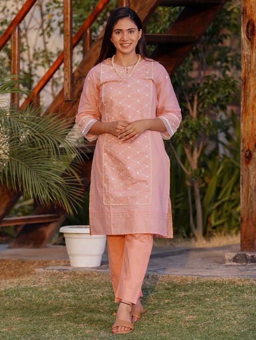 women solid with work three quarter sleeve kurta pant set - 21975141 - Very Small Image - 1
