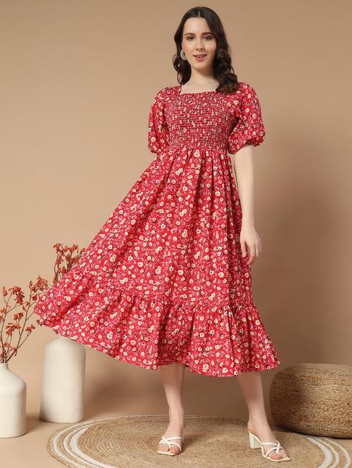 women floral print puff sleeve tiered dress - 21975414 - Very Small Image - 1