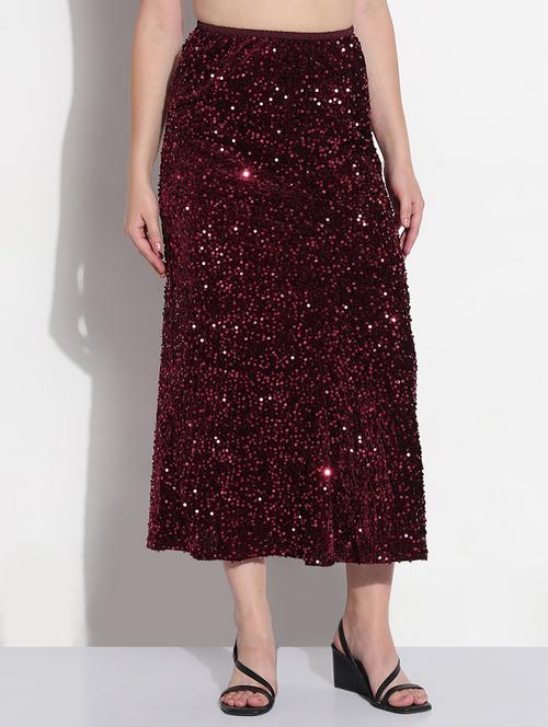 women maroon sequined high rise a-line skirt - 21979743 - Very Small Image - 1