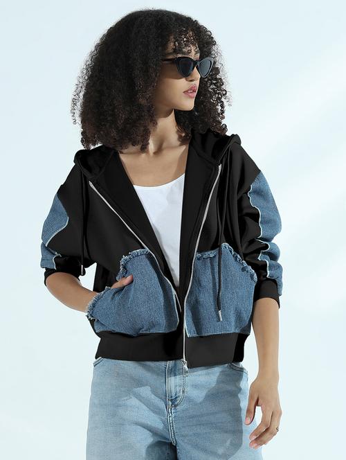 women color blocked hooded denim jacket - 21979827 - Very Small Image - 1