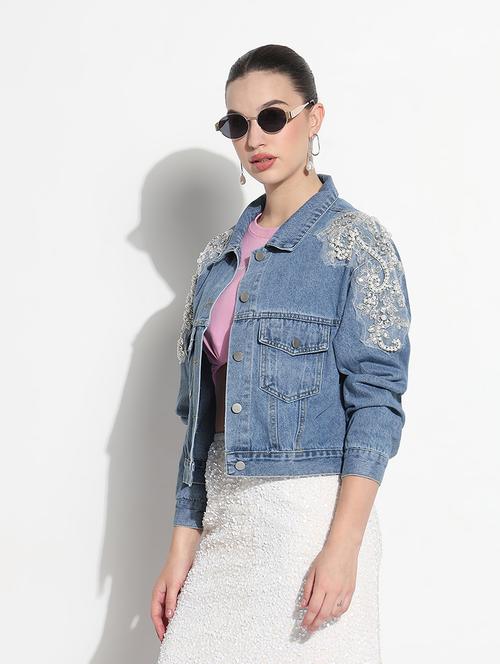 women embellished long sleeve crop denim jacket - 21979840 - Very Small Image - 1