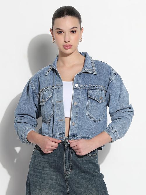 women embellished long sleeve crop denim jacket - 21979843 - Very Small Image - 1