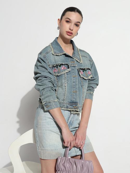 women embellished long sleeve crop denim jacket - 21979849 - Very Small Image - 1