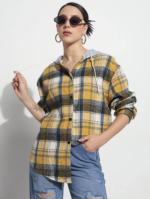 women checkered long sleeve hooded shirt - 21979933 - Very Small Image - 1