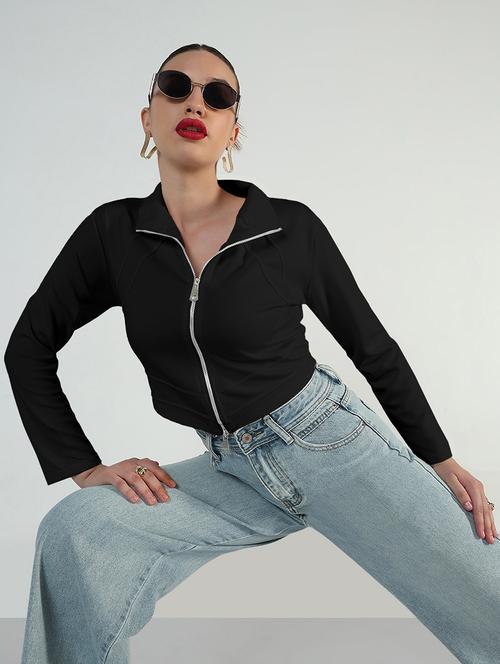women solid long sleeve zipper croptop - 21979974 - Very Small Image - 1