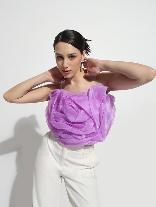 women lavender solid shoulder strap crop top - 21979994 - Very Small Image - 1