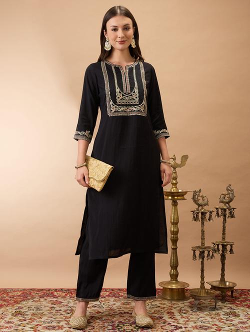 women black round neck zari embroidered yoke straight kurta with pant festive set - 21980135 - Very Small Image - 1