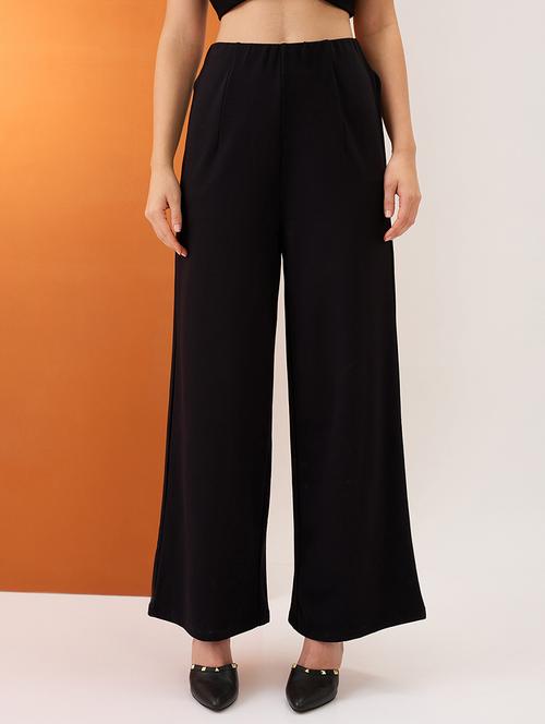 women black solid mid-rise relaxed fit formal wide leg trousers - 21980222 - Very Small Image - 1