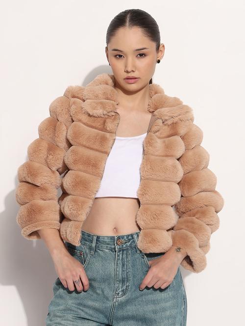 women solid long sleeve fur jacket - 21982993 - Very Small Image - 1