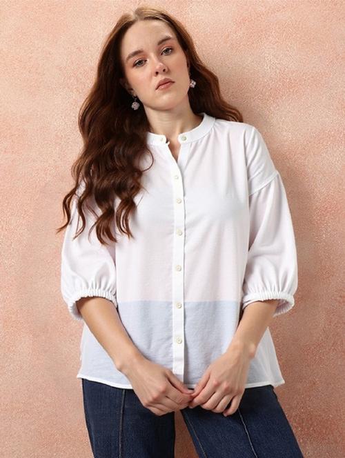 women white solid mandarin collar regular fit shirt - 21983451 - Very Small Image - 1