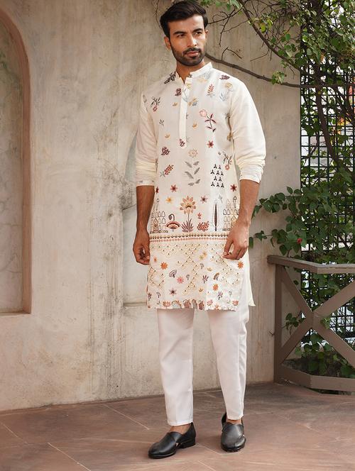 White Silk Blend Kurta Pyjama Ethnic Wear Set - 21986008 - Very Small Image - 1