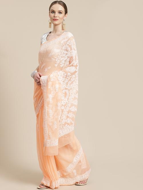 women solid with work chikankari saree with blouse - 21989362 - Very Small Image - 1