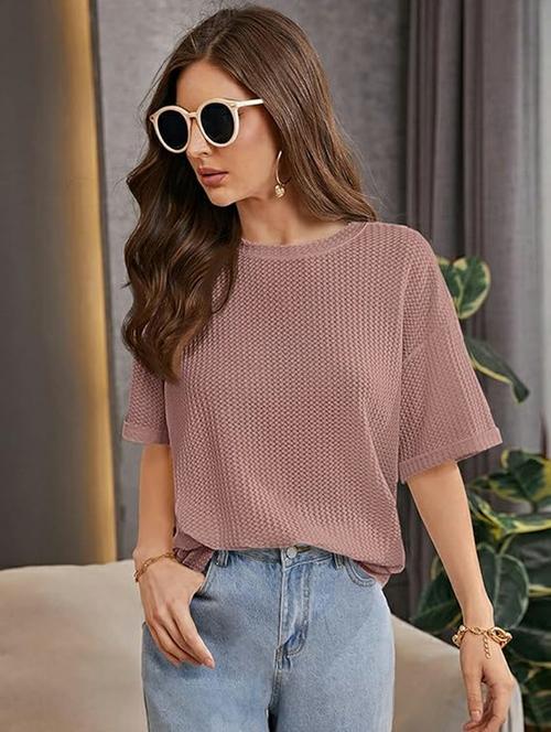women solid short sleeve relaxed fit knitted top - 21992402 - Very Small Image - 1
