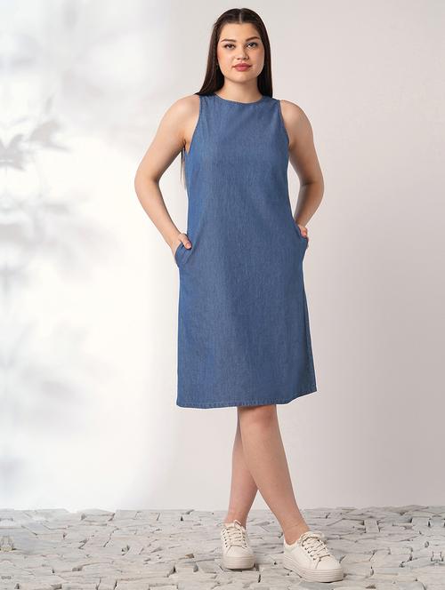 women solid sleeveless denim a-line dress - 21993340 - Very Small Image - 1