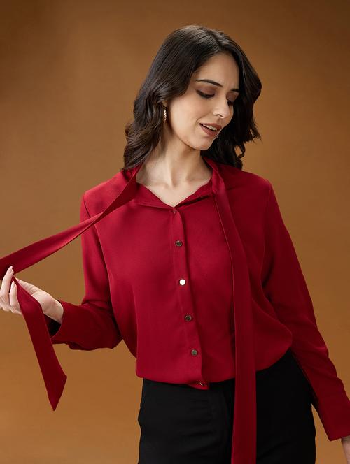 globus women red collared neck tie detail cuff sleeves party shirt - 21994571 - Very Small Image - 1
