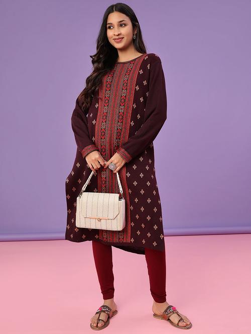 women self design long sleeve straight woolen kurta - 21996615 - Very Small Image - 1