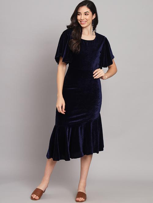 women solid flared sleeve velvet tiered dress - 21997839 - Very Small Image - 1