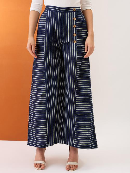 globus women indigo variegated stripes button detail mid-rise flared fusion palazzos - 21997980 - Very Small Image - 1