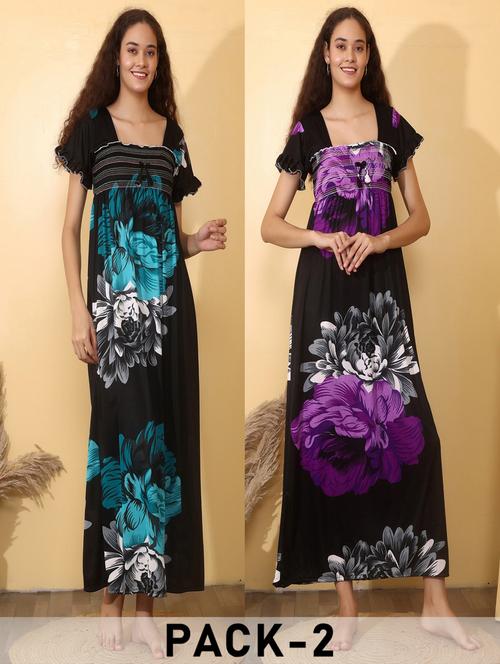 women pack of 2 floral print short sleeve nighty - 22000103 - Very Small Image - 1