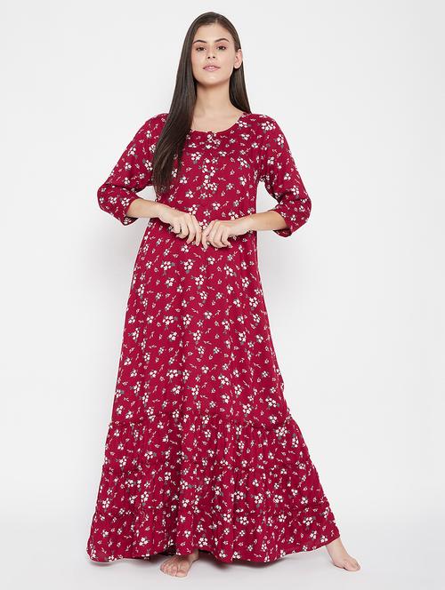Women Floral Print Round Neck Tiered Nighty - 22002956 - Very Small Image - 1
