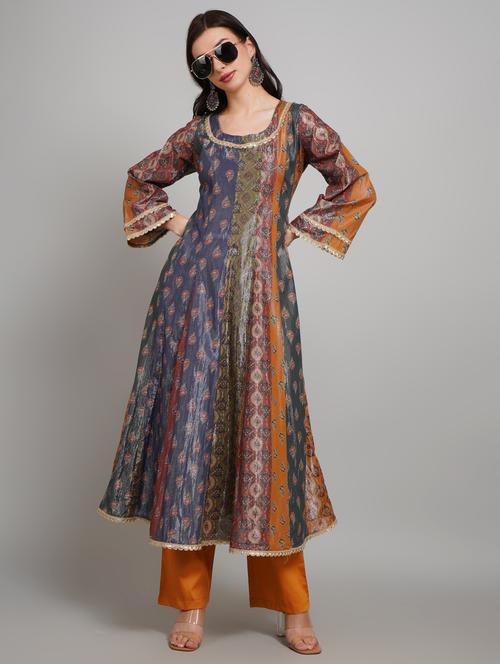 Women Printed Long Sleeve Anarkali Kurta Pant Set - 22007900 - Very Small Image - 1
