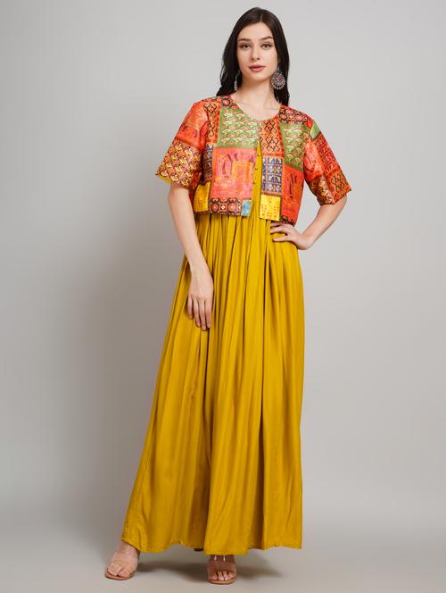 Women Solid Round Neck A-line Ethnic Dress - 22007903 - Very Small Image - 1