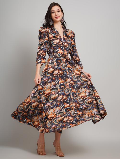Women Floral Printed Lapel Collar Fit & Flare Dress - 22007904 - Very Small Image - 1