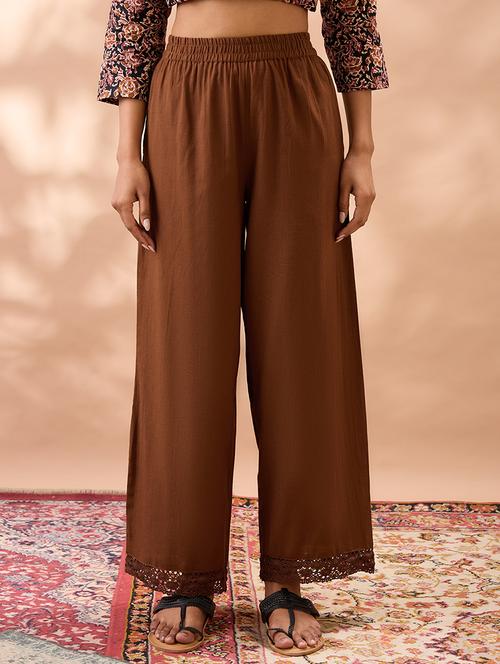 women brown solid high rise straight trouser - 22013372 - Very Small Image - 1