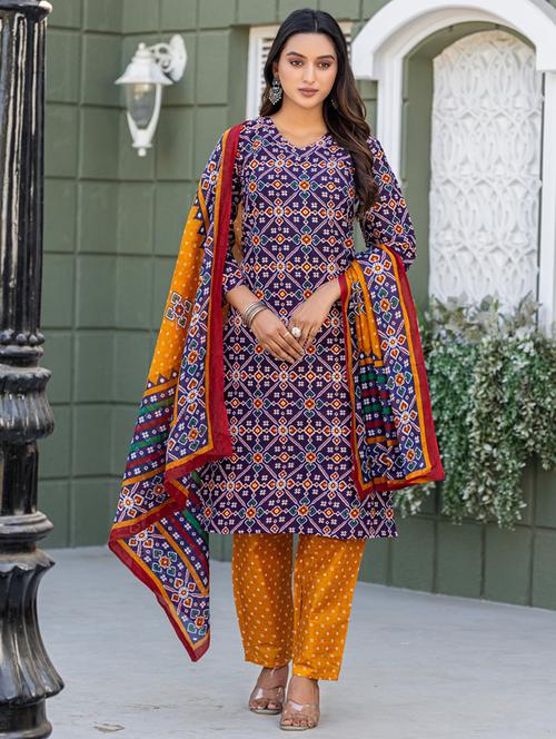women printed three quarter sleeve kurta pant with dupatta set - 22014268 - Very Small Image - 1