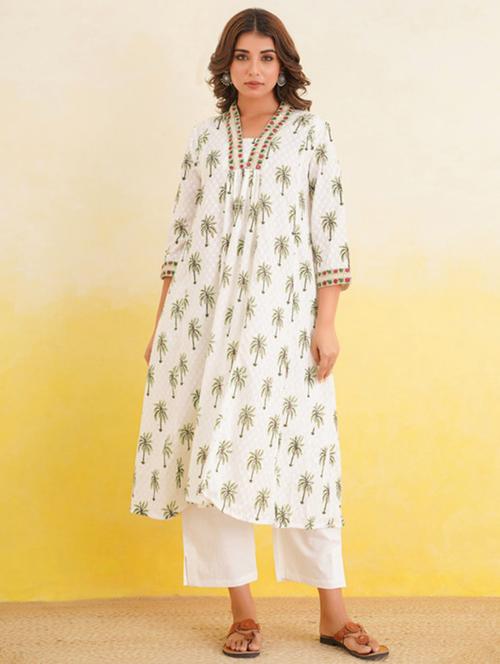 women printed three quarter sleeve kurta and pant set - 22017471 - Very Small Image - 1