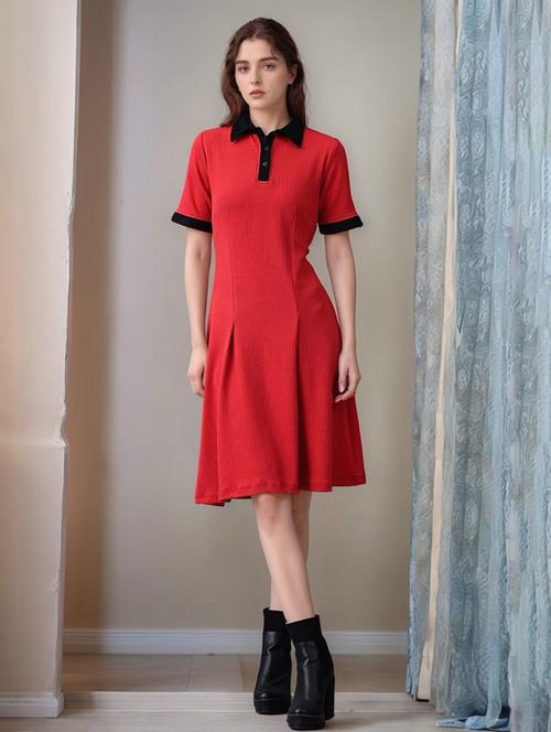 women solid collared short sleeve a-line dress - 22017545 - Very Small Image - 1