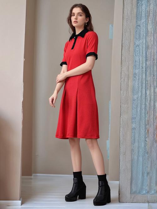 women solid shor sleeve collared a-line dress - 22017569 - Very Small Image - 1