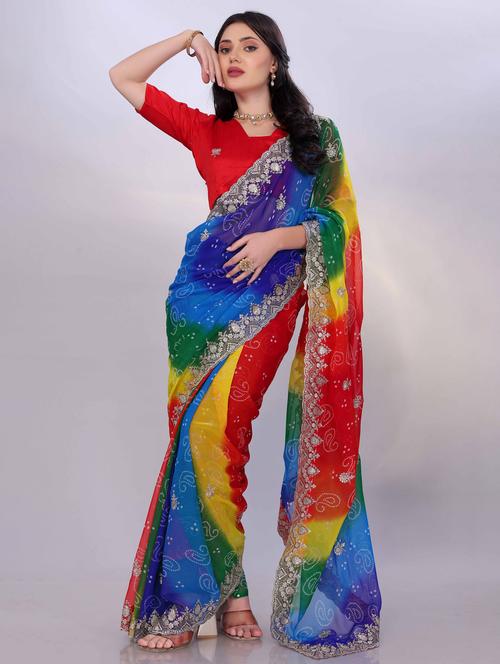 women bandhani printed saree with blouse - 22021298 - Very Small Image - 1
