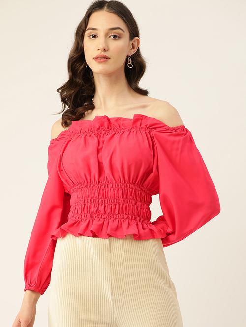 Women Solid Off Shoulder Long Sleeve Top - 22028413 - Very Small Image - 1