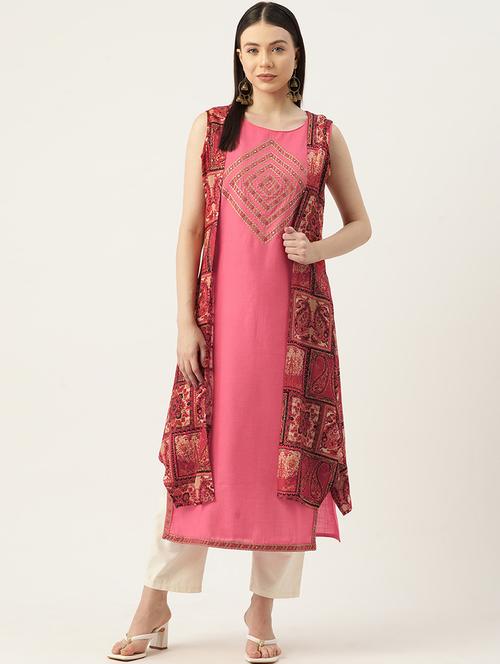 women pink printed sleeveless kurta with jacket - 22028893 - Very Small Image - 1