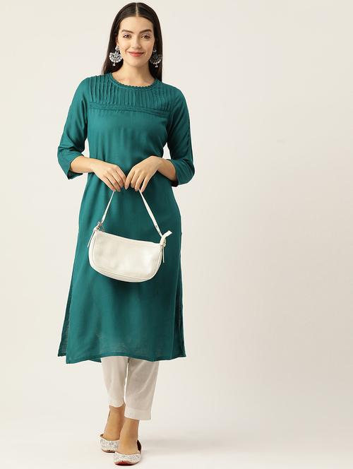 Women Solid Three Quarter Sleeve Straight Kurta - 22028901 - Very Small Image - 1