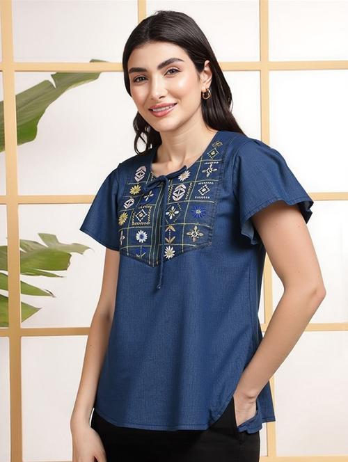 women solid with work tie up neck top - 22030716 - Very Small Image - 1