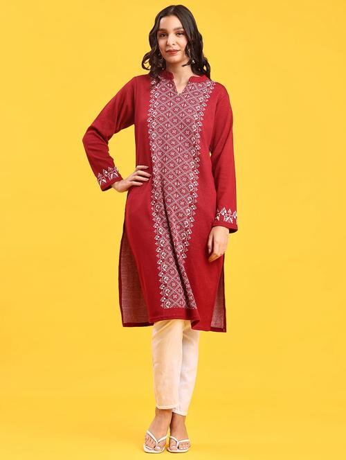 women self design long sleeve straight woolen kurta - 22031885 - Very Small Image - 1