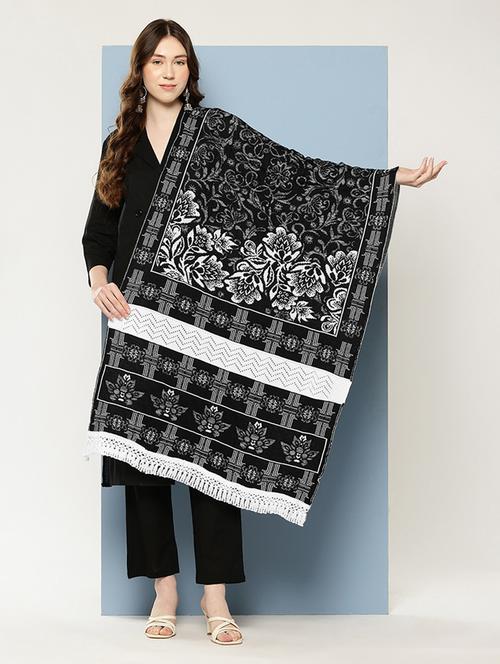 women black self designed wool stole - 22033772 - Very Small Image - 1