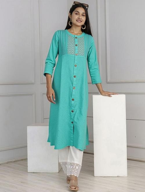 women solid three quarter sleeve straight kurta - 22035236 - Very Small Image - 1