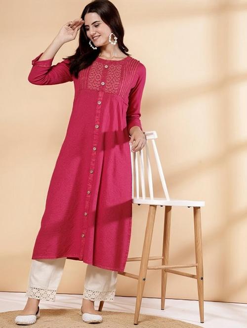 women solid three quarter sleeve straight kurta - 22035280 - Very Small Image - 1