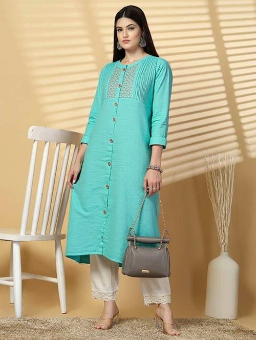 women solid three quarter sleeve straight kurta - 22035283 - Very Small Image - 1