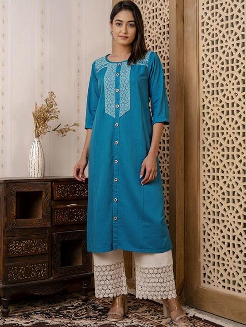 women solid three quarter sleeve straight kurta - 22035289 - Very Small Image - 1