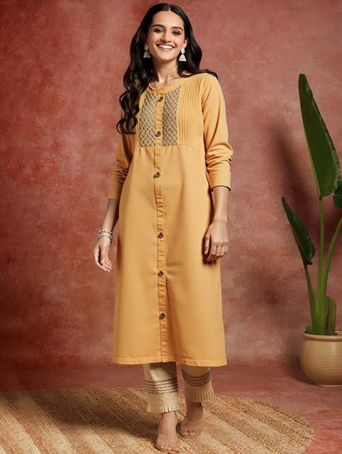 women solid three quarter sleeve straight kurta - 22035294 - Very Small Image - 1