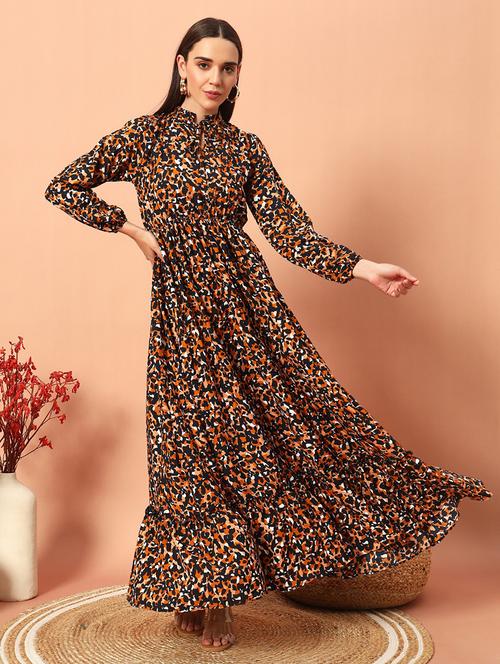 women animal printed long sleeve tiered maxi dress - 22036727 - Very Small Image - 1