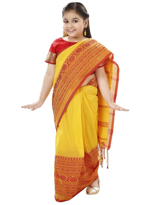 girls yellow printed bordered saree - 22036992 - Very Small Image - 1