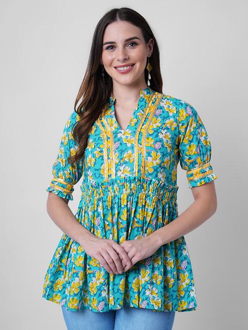 women floral print puff sleeve flared kurti - 22036998 - Very Small Image - 1