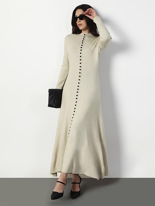 women cream solid long sleeve a-line dress - 22038243 - Very Small Image - 1